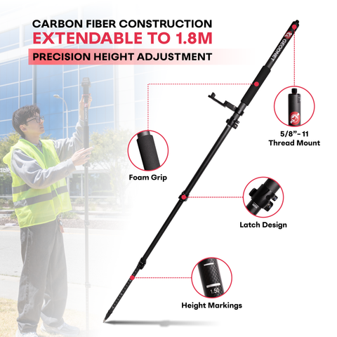 Carbon Fiber Survey Pole with Phone Mount and Collapsable Latch Lock (5.91ft/1.8m, 5/8" Thread)